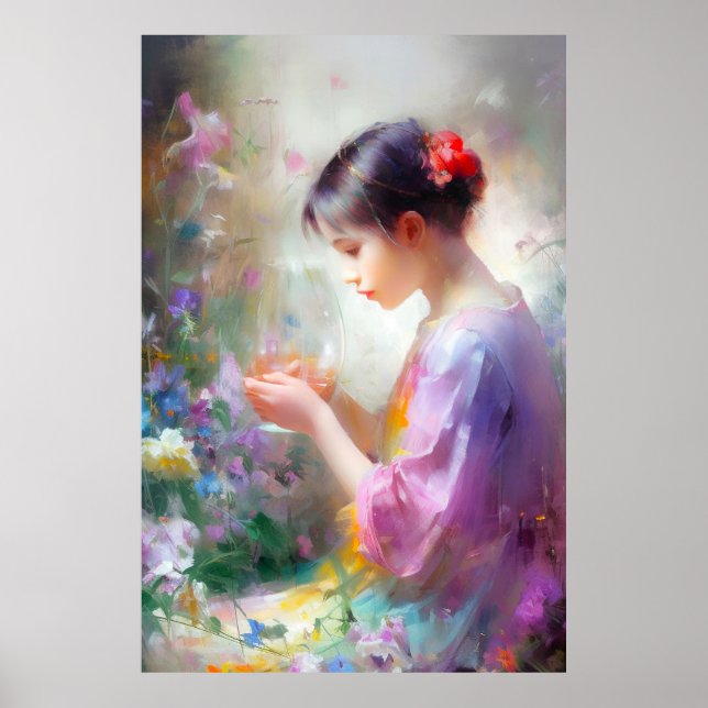 Poster Garota admirando uma flor em suas mãos (Frente)