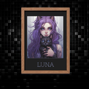 Poster Garota Adorável de Animação e Cabelo Roxo de Gato