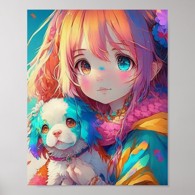 Poster Garota Anime com Cãozinho (Frente)