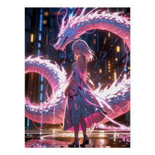 Pôster Garota Anime Cyberpunk Dragão Neon Arte Fantasia