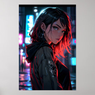 Poster Garota Anime de Rua Cyberpunk Neon Noite Cidade Ar