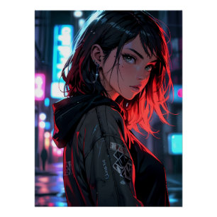 Pôster Garota Anime de Rua Cyberpunk Neon Noite Cidade Ar