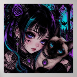 Poster Garota Anime Emo Gótica & Gato