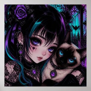 Poster Garota Anime Emo Gótica & Gato