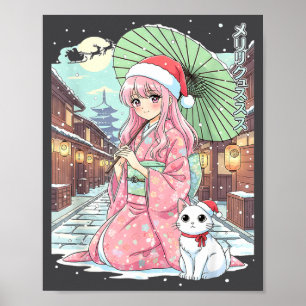 Poster Garota Anime Kimono Natal Japão Gato Natal Japão A