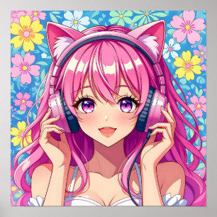Poster Garota Anime Rosa Fofa com Fones de Ouvido