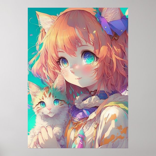 Poster Garota anime segurando um gatinho adorável (Frente)