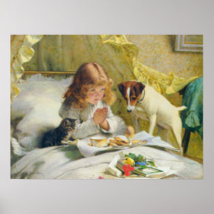Poster Garota Antiga Rezando com Arte de Gato e Cachorro
