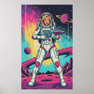 Poster Garota Astronauta Retro Futurista