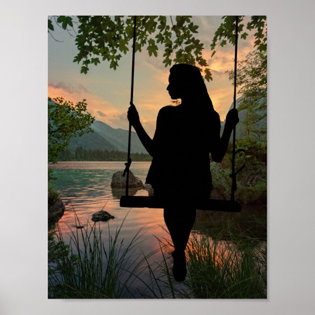 Poster Garota Balançando Silhouette Lake Summer Sunset (Frente)