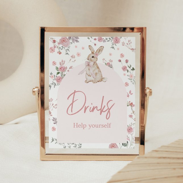 Poster Garota Bebidas De Chá de fraldas Coelhinhos (Pink Some Bunny Baby Shower Drinks Sign)