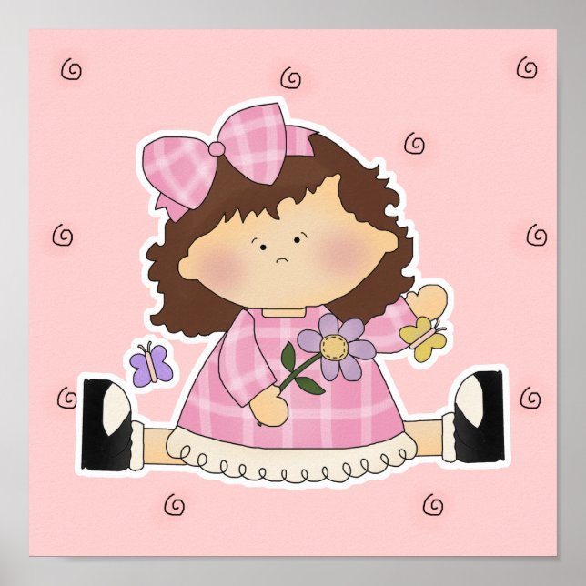 Poster Garota bonita sentada com flores e borboletas (Frente)