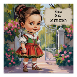 Pôster Garota Caricatura vestida com Italiano Vintage