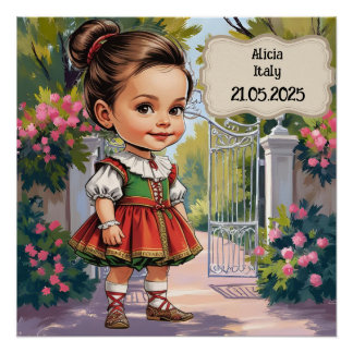 Pôster Garota Caricatura vestida com Italiano Vintage