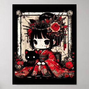 Poster Garota Chibi Kimono Gato Preto Flores Arte Japones