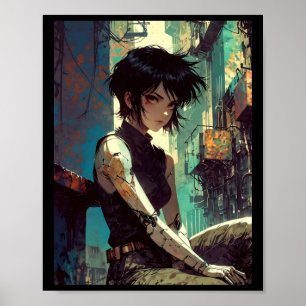 Poster Garota Ciberpunk Anime Retrô Guerreira Futuro Dist