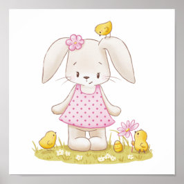 Poster Garota Coelhinha Bonita em Vestido Rosa e Pintinho