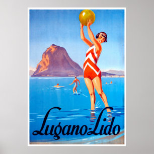 Poster Garota com bola de praia no lago Lugano, Suiça