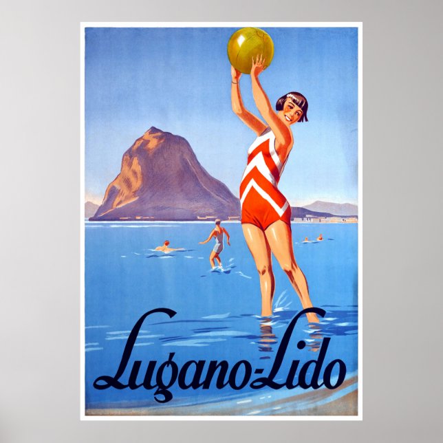 Poster Garota com bola de praia no lago Lugano, Suiça (Frente)