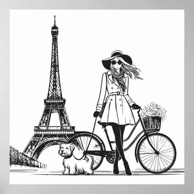 Poster Garota com cachorro em Paris perto da torre Eiffel (Frente)