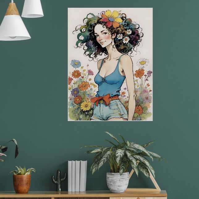 Poster Garota com Flor Arco-Íris no Cabelo (Sala de Estar 1)