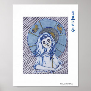 Poster Garota com Parasol, retrato de tinta azul em papel