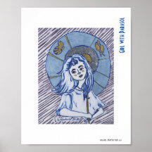Garota com Parasol, retrato de tinta azul no papa 