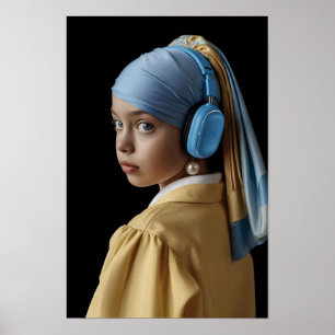 Poster Garota com pérolas e Fones de ouvido Azuis Auti