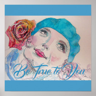 Poster Garota com Rosa vermelha de Beret Watercolor