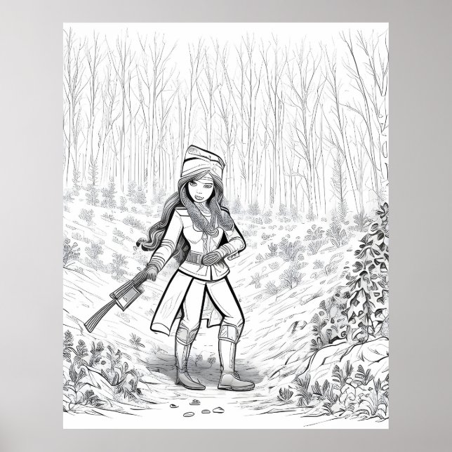 Poster Garota com vassoura na floresta de inverno (Frente)