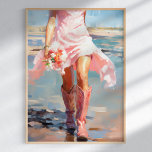 Poster Garota Costeira de Aquarela na Praia<br><div class="desc">Adicione um toque de capricho e charme à sua decoração com a "Watercolor Coastal Cowgirl on the Beach Poster." Este delicioso trabalho de arte, baseado em papel, apresenta uma cena de aquarela lindamente renderizada de uma mulher em uma saia rosa e botas cor-de-rosa combinando, rolando ao longo de uma praia...</div>