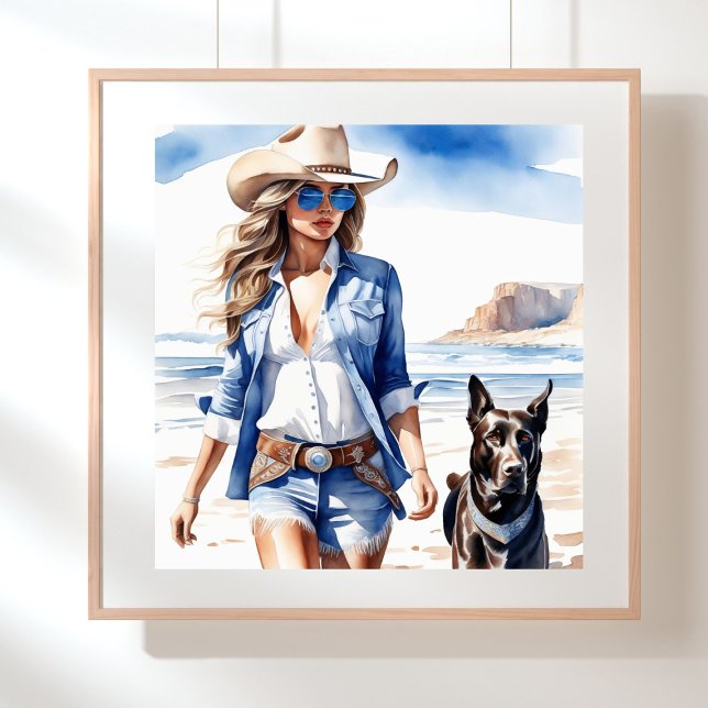 Poster Garota Costeira de Denim com Cachorro na Praia (Coastal cowgirl wearing denim shorts, sunglasses and a cowboy hat walking on the beach with a dog)