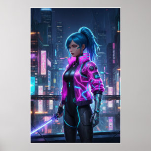 Poster Garota Cyberpunk Neon Guerreiro da Cidade Futuri