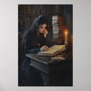 Poster Garota da Dark Academia Lendo Arte Biblioteca Góti