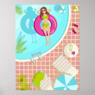 Poster Garota da piscina de biquíni na praia de verão 
