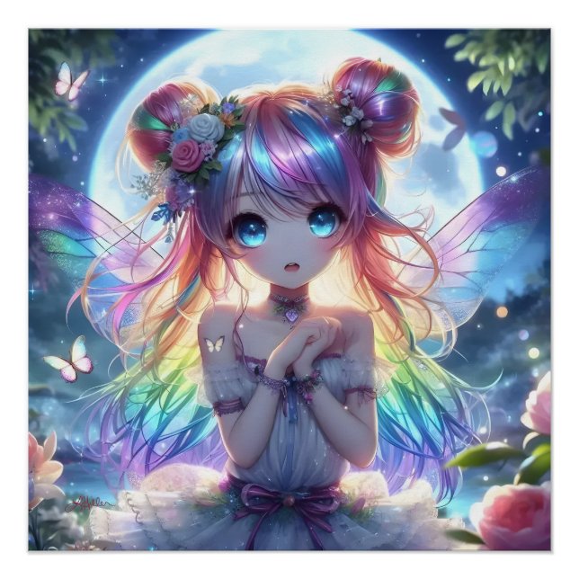 Pôster Garota de Anime Cabelo Arco-íris Cantando Fada da  (Frente)
