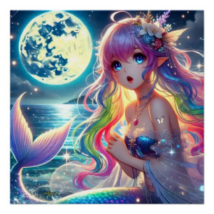 Pôster Garota de Anime Cantando Luar Pixie Sereia Arco-ír