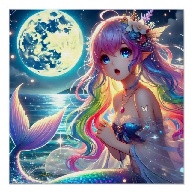 Pôster Garota de Anime Cantando Luar Pixie Sereia Arco-ír (Frente)