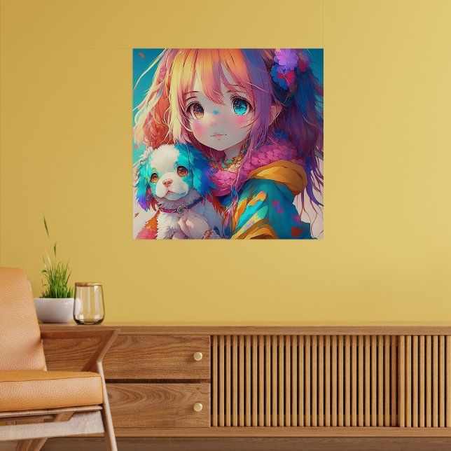 Poster Garota de Anime com Cachorrinho (Sala de Estar 2)