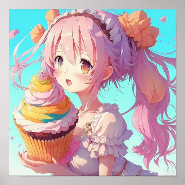 Poster Garota de Anime com Cupcake Caprichoso (Frente)
