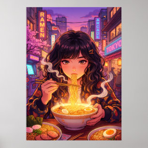 Poster Garota de Anime Comendo Ramen na Rua da Cidade Neo