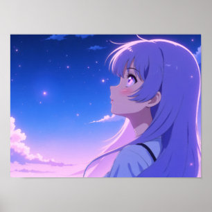 Poster Garota de Anime Contemplando o Céu Noturno