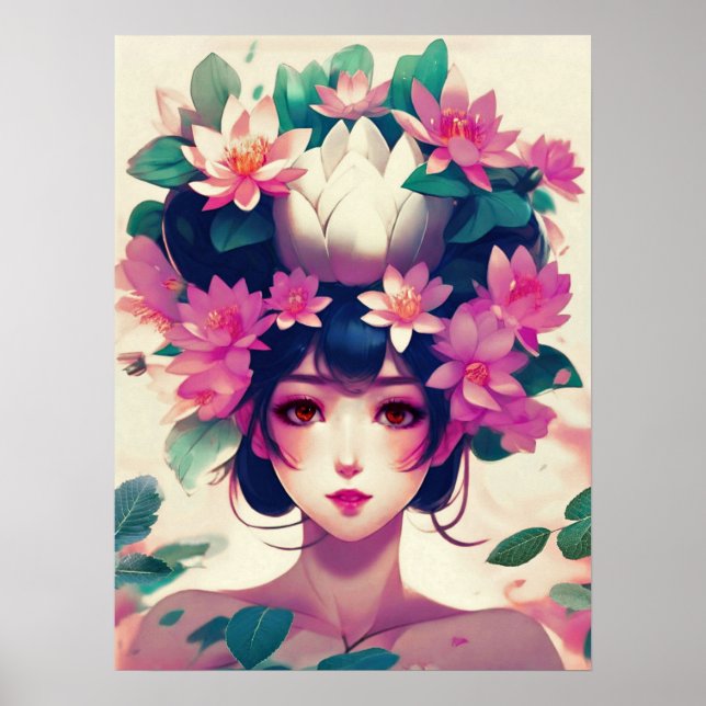 Poster Garota de Anime Coroada com Flores de Lótus (Frente)