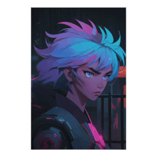 Pôster Garota de Anime Cyberpunk com Cabelo Neon – Futuri