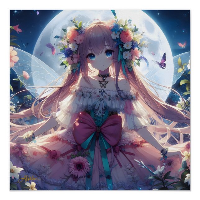 Pôster Garota de Anime Flor Lua Fada (Frente)