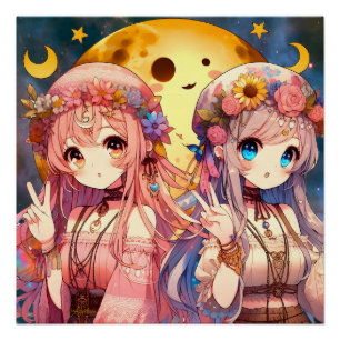 Pôster Garota de Anime Hippie Lua Garotas Fazendo Sinal d