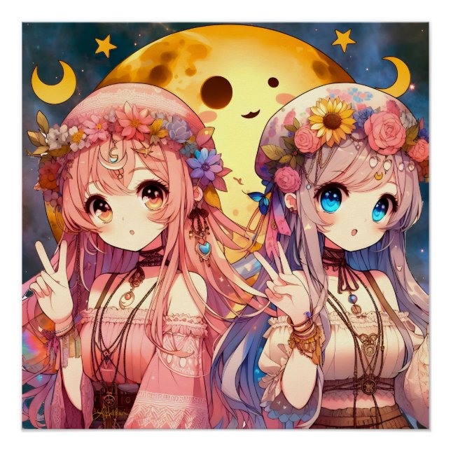 Pôster Garota de Anime Hippie Lua Garotas Fazendo Sinal d (Frente)