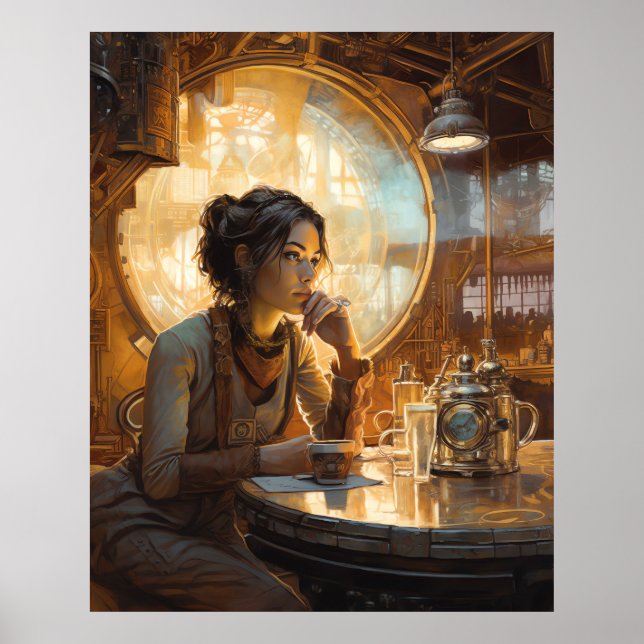 Poster Garota de Compro de café Steampunk (Frente)