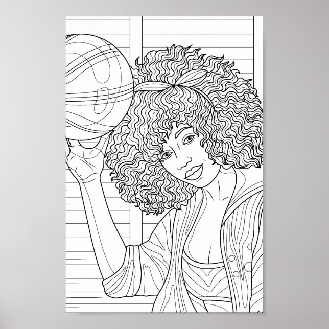 Poster Garota de Página de Coloração com Basquete (Frente)