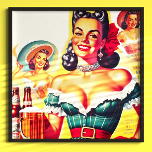 Poster Garota de Pin-up da Cerveja Retro